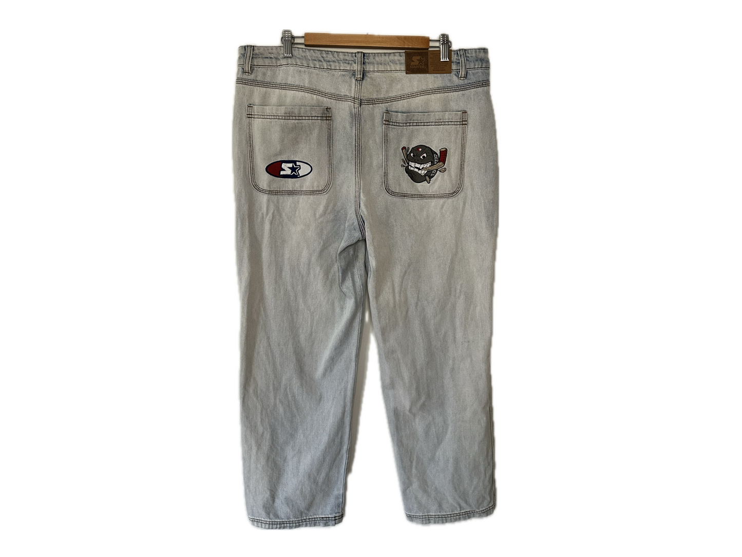 Starter Straight Leg Cropped Mens Jeans with Embroidered Patches