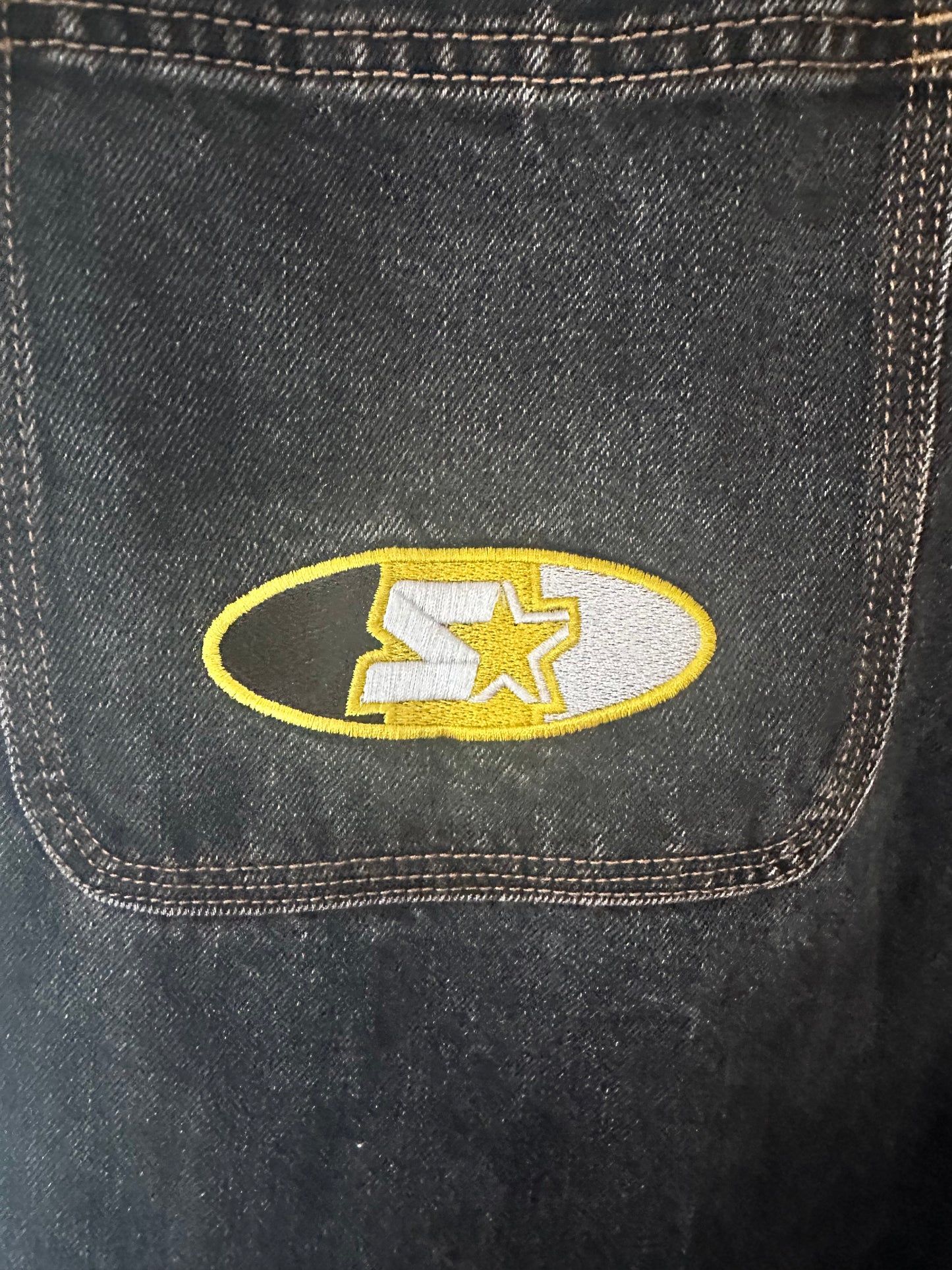 Starter Straight Leg Cropped Mens Jeans with Embroidered Patches