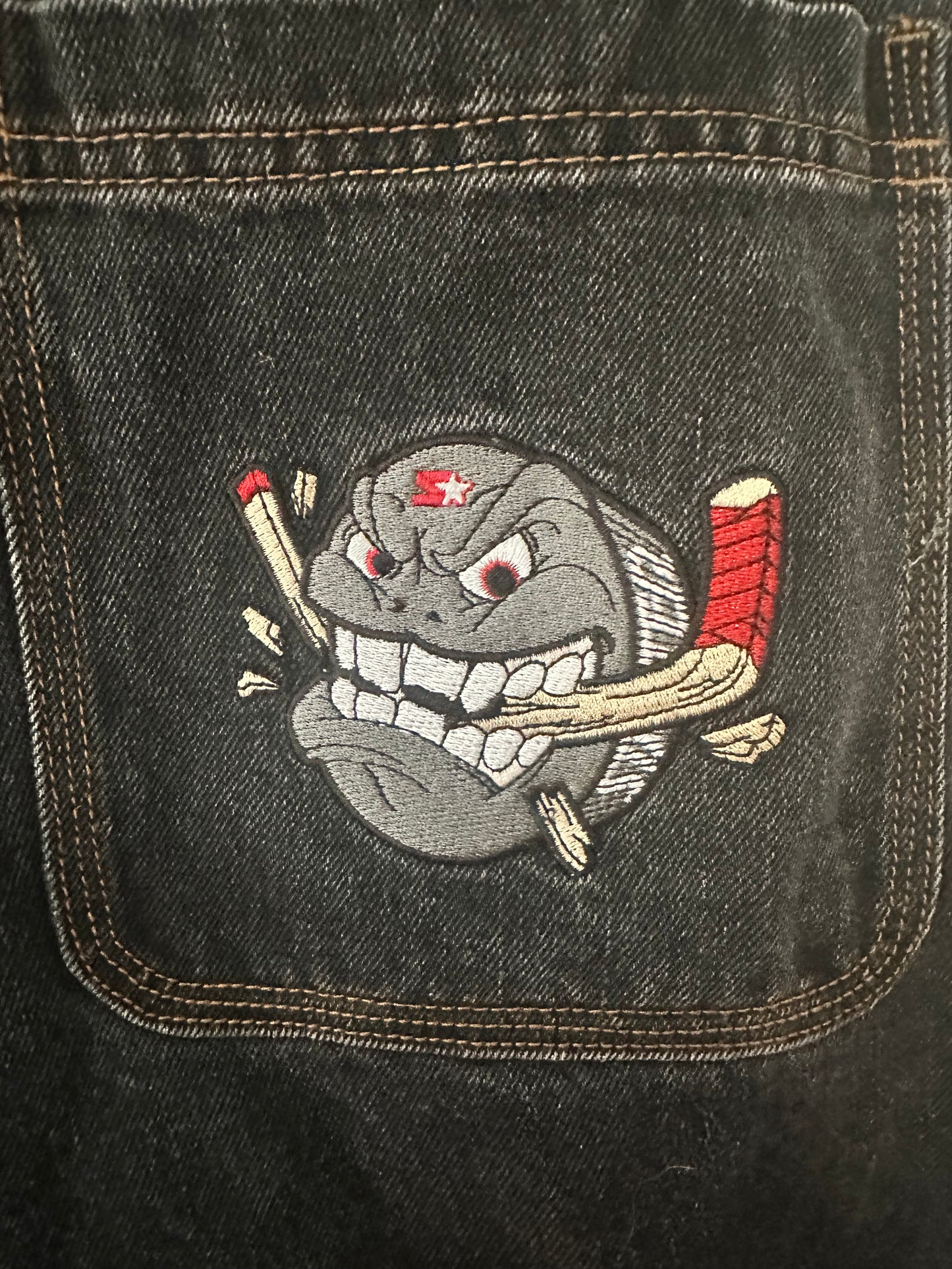 Starter Straight Leg Cropped Mens Jeans with Embroidered Patches