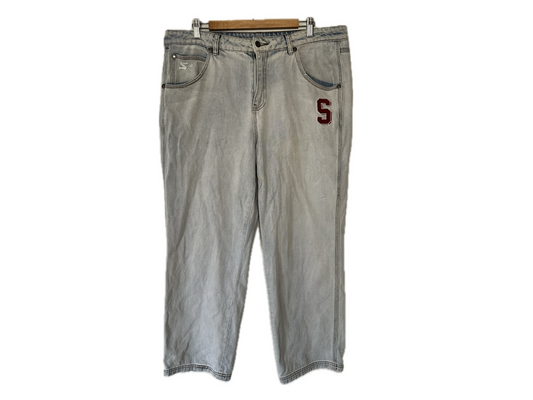 Starter Straight Leg Cropped Mens Jeans with Embroidered Patches